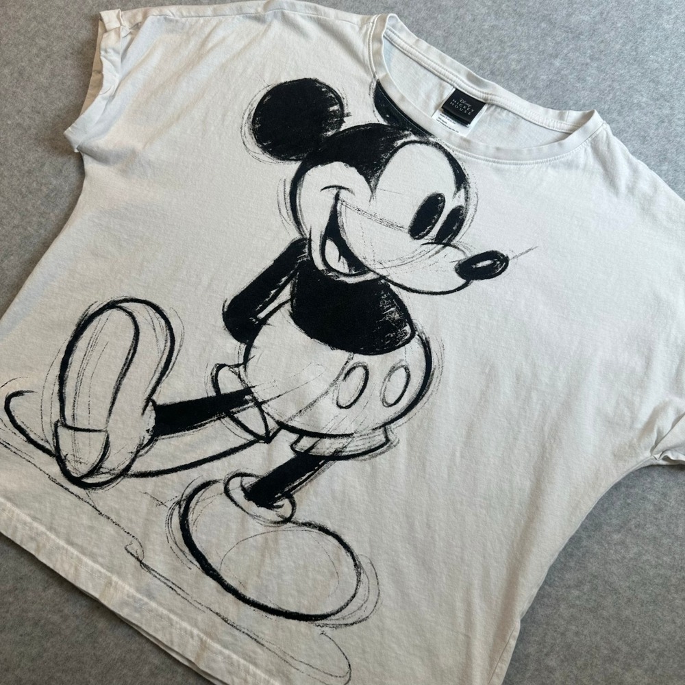 Disney Mickey Mouse Graphic T-Shirt White Rolled Sleeve Boxy Fit Sketch Tee M